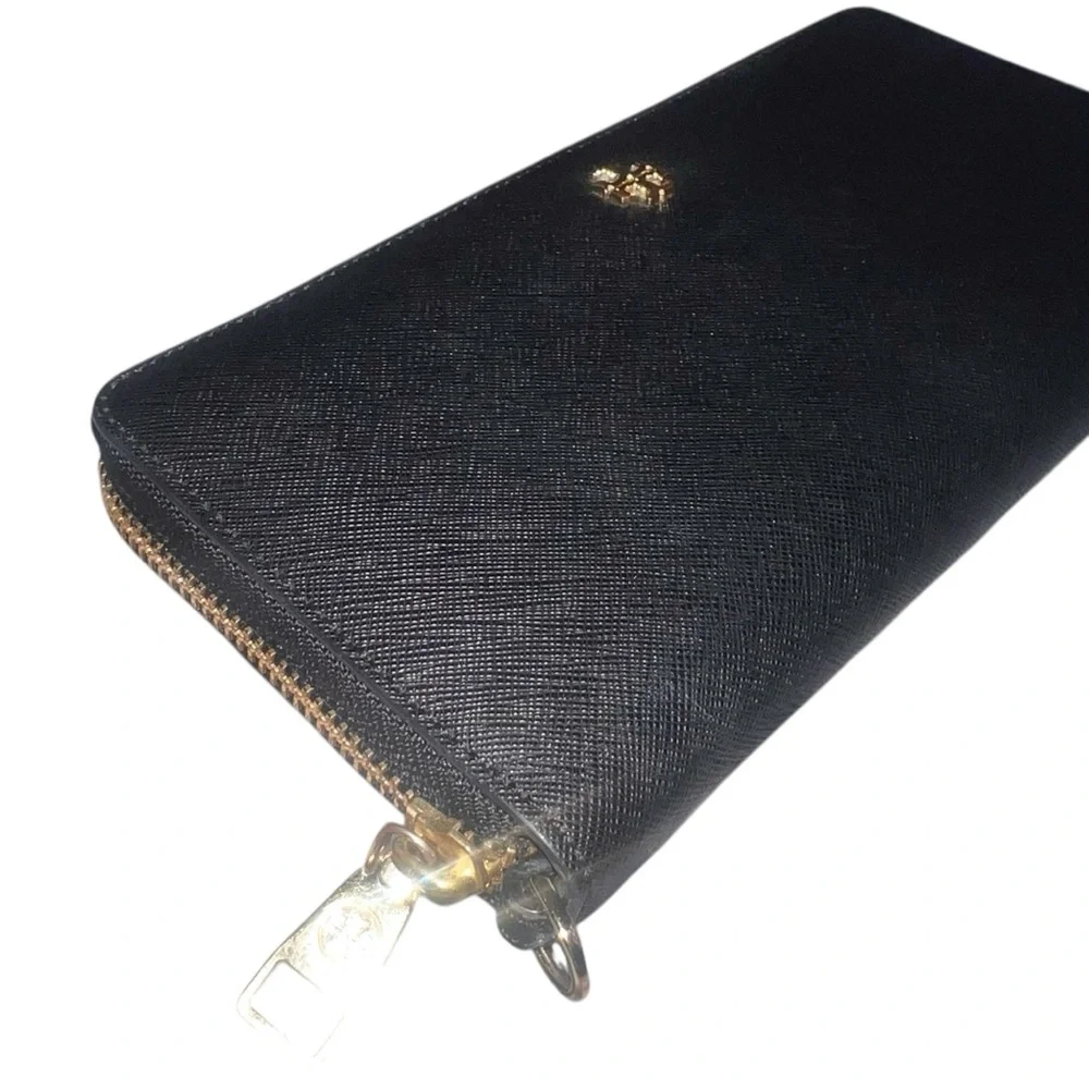 EUC Tory Burch Black Saffiano Leather Zip Around Long Wallet Gold Hardware